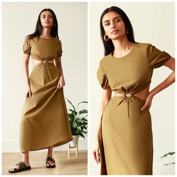 STAUD Women's Calypso With Cut Out Short Puff Sleeve Waist Cutouts Dress Size XL - Picture 1 of 7